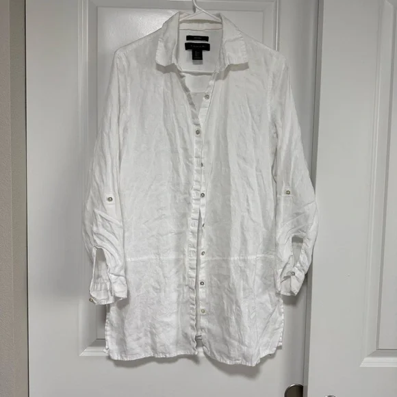 Tahari White Linen Shirt Button Down Top Womens S - Picture 1 of 8